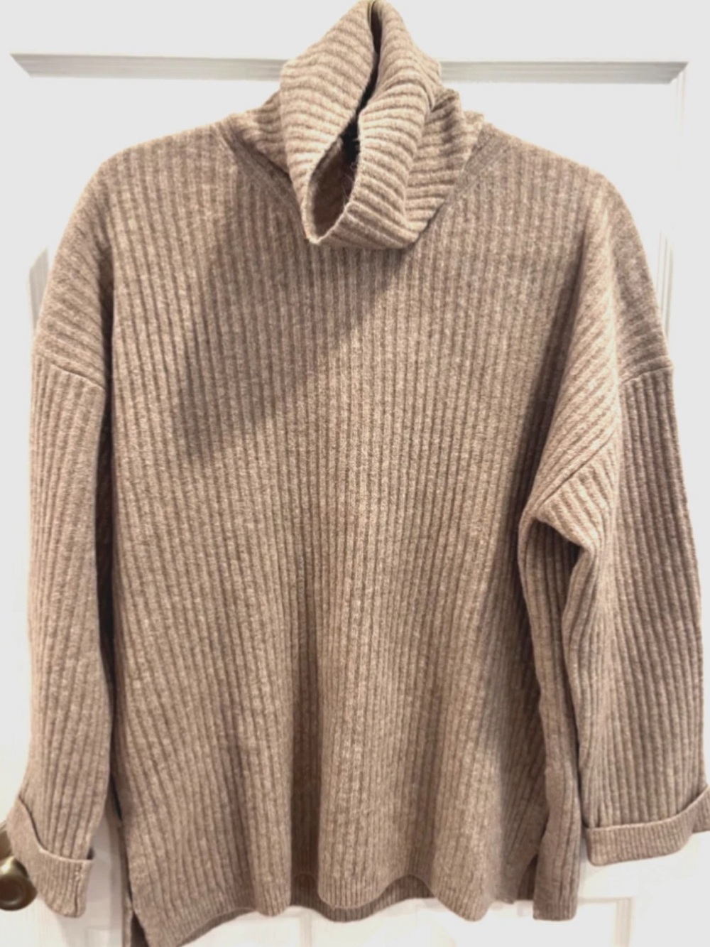 Oak + Fort Ribbed Turtleneck Sweater Womens Medium Beige Oversized Side Slit